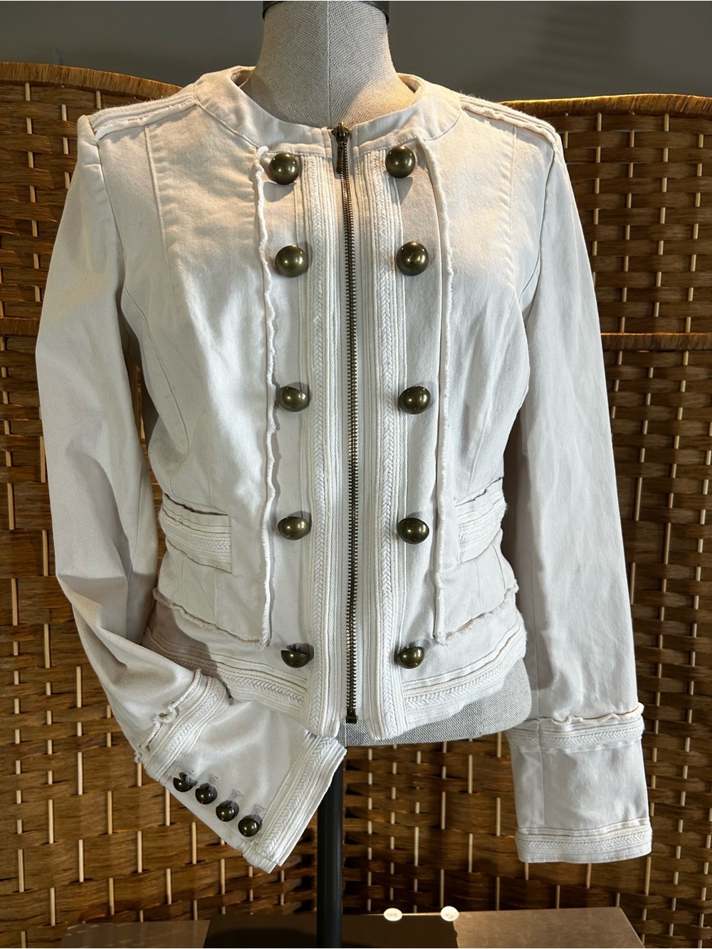 Military Style Ivory Jacket Cotton Stretch Brass Button Moto White House Black